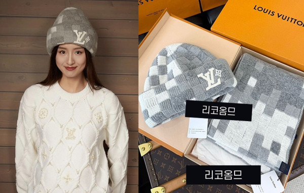 루이B통 LV 크러시 다모플라주 라이트 그레이 리버시블 비니 & 머플러 (1:1 HIGH PREMIUM)